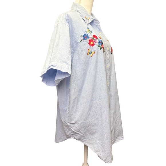 Vintage Embroidered Denim Button Up Shirt Floral Butterfly Cottagecore XL - Picture 2 of 8